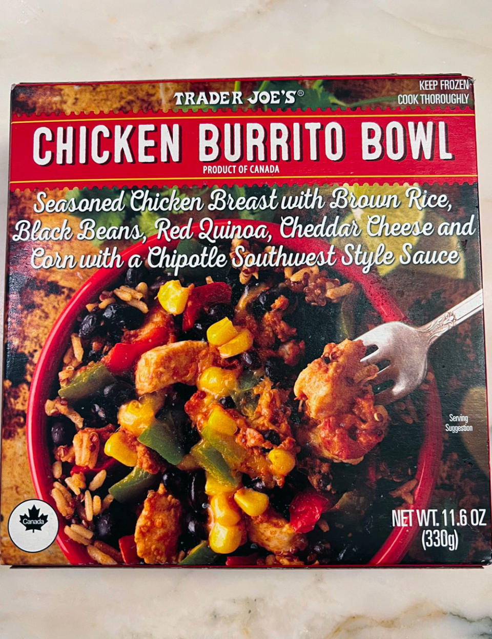 A Trader Joe's frozen chicken burrito bowl