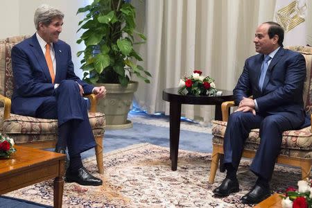 U.S. Secretary of State John Kerry (L) and Egypt's President Abdel Fattah al-Sisi meet on the sidelines of the Egypt Economic Development Conference in Sharm el-Sheikh March 13, 2015. REUTERS/Brian Snyder