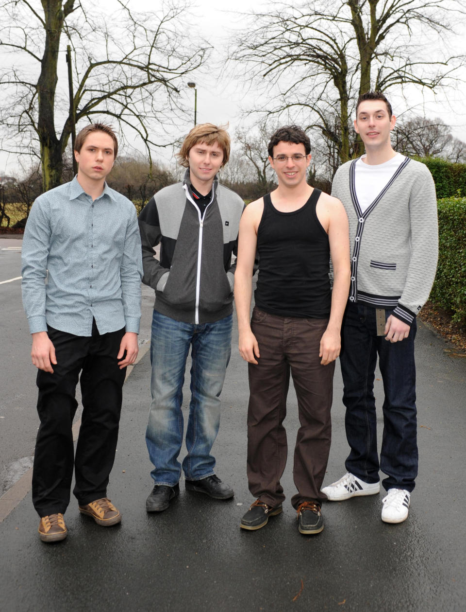 (From L-R) Joe Thomas, who plays Simon Cooper, James Buckley, who plays Jay Cartwright, Simon Bird, who plays Will McKenzie, and Blake Harrison, who plays Neil Sutherland, during the filming of the forthcoming E4 comedy series 'The Inbetweeners' in Bushey, Hertfordshire.   (Photo by Ian West - PA Images/PA Images via Getty Images)