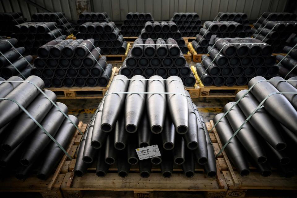 Shells are stored at the workshop of the "Forges de Tarbes," which produces 155mm shells, the munition for French Caesar artillery, in Tarbes, southwestern France, on April 4, 2023. Caesar self-propelled howitzers are being actively used on Ukraine's frontline. (Photo by Lionel Bonaventure/Getty Images)