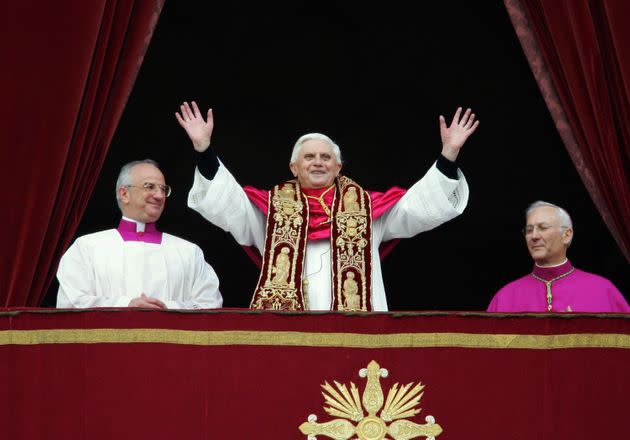 Benedict at the window of St. Peter's Basilica main balcony after being elected the 265th pope of the Roman Catholic Church on April 19, 2005.