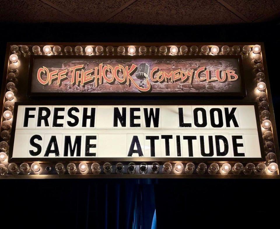 The marquee inside Off The Hook Comedy Club, known for its sarcastic and funny sayings.