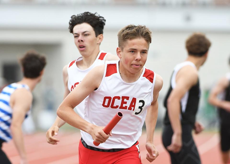 Mark Viggiano and Ocean Twp's  Boys 4x800 won the G2 4x800 at the Central and South Groups 2-3 Track sectionals at Jackson Liberty HS on 6/3/2023