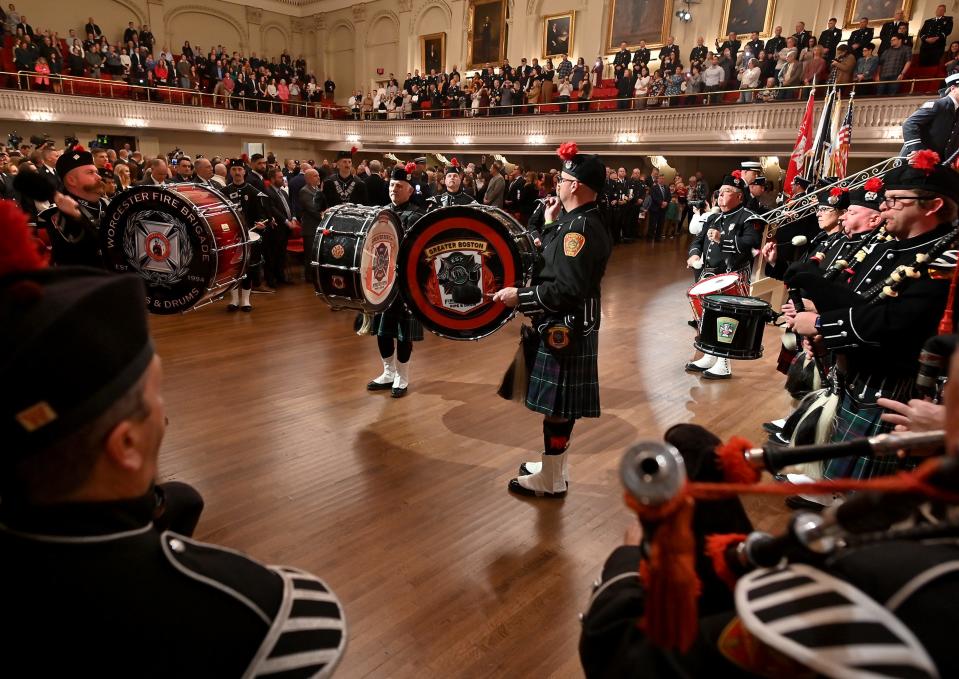 WORCESTER - The Worcester and Greater Boston Firefighters Pipes and Drum Bands perform during the 2023 Firefighter of the Year Awards ceremony at Mechanics Hall.