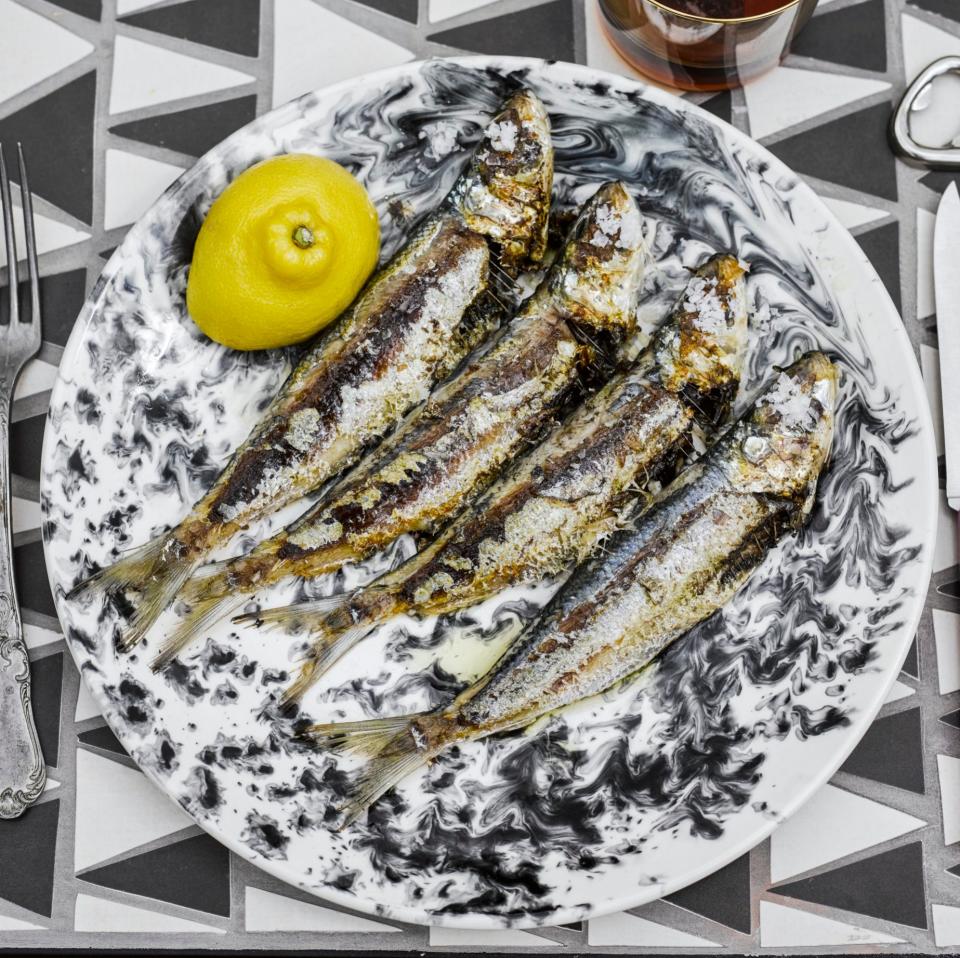 Sardines a la plancha - Credit: Haarala Hamilton & Valerie Berry; glass tumbler from lsa-international.com