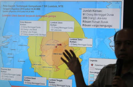 The National Disaster Management Agency spokesman Sutopo Purwo Nugroho gives a press conference regarding the earthquake in Lombok, in Jakarta, Indonesia August 6, 2018 in this photo taken by Antara Foto. Antara Foto/Reno Esnir/ via REUTERS