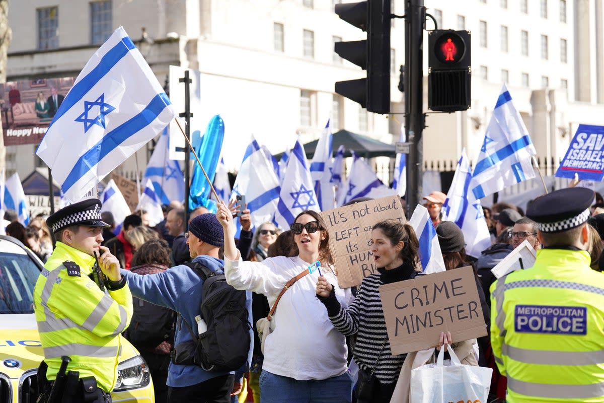 Demonstrators on Whitehall in London, following Rishi Sunak’s meeting with Benjamin Netanyahu (PA)