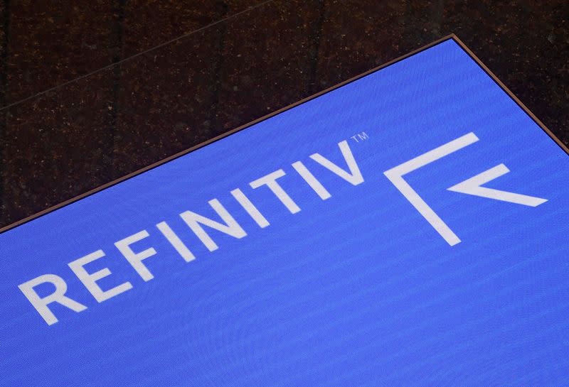 The Refinitiv logo is seen on a screen in offices in Canary Wharf in London