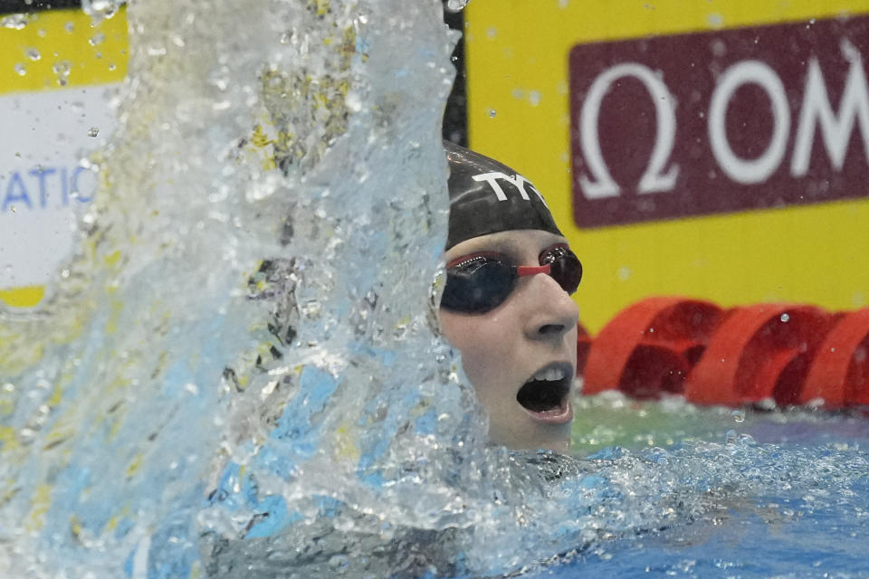 Katie Ledecky of United States reacts after the women's 1500m freestyle finals at the World Swimming Championships in Fukuoka, Japan, Tuesday, July 25, 2023. (AP Photo/Lee Jin-man)