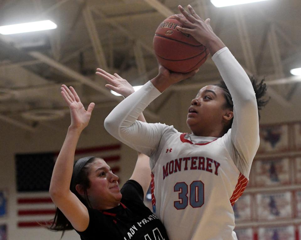 Monterey's Kelly Mora, right, looks to shoot the ball against Lubbock-Cooper in a District 4-5A basketball game, Friday, Jan. 20, 2023, at New Box at Monterey High School.
