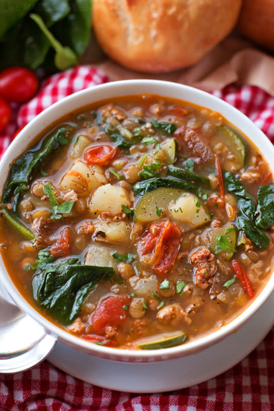 <p>Life Made Simple Bakes</p><p>This hearty Tuscan-inspired soup is packed full of veggies and protein! It’s a breeze to make and can easily feed a crowd!</p><p><strong>Get the recipe: <a href="https://lifemadesimplebakes.com/tuscan-lentil-soup/" rel="nofollow noopener" target="_blank" data-ylk="slk:Tuscan Lentil Soup;elm:context_link;itc:0;sec:content-canvas" class="link ">Tuscan Lentil Soup</a></strong></p><p><strong>Related: <a href="https://www.yahoo.com/lifestyle/38-slow-cooker-soup-recipes-134932997.html" data-ylk="slk:65 Best Fall Crock Pot Soups;elm:context_link;itc:0;sec:content-canvas;outcm:mb_qualified_link;_E:mb_qualified_link;ct:story;" class="link  yahoo-link">65 Best Fall Crock Pot Soups</a></strong></p>
