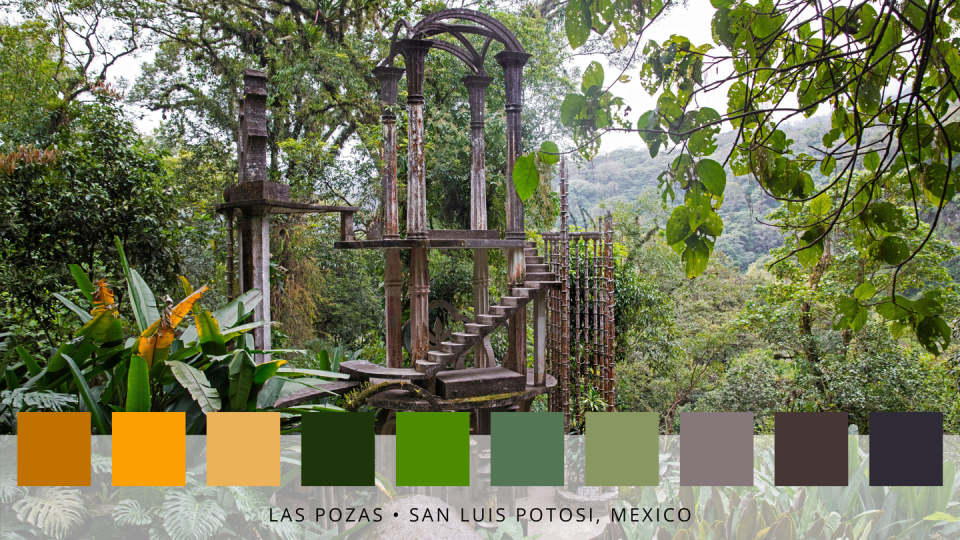 <p>'Pairing the surreal structures with the natural surroundings of Las Pozas results in a palette made up of deep jungle greens, with a smattering of earthy coloured tones and dark beigy yellows,' add Roofing Megastore. </p>