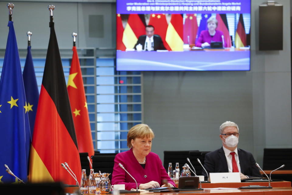 German Chancellor Angela Merkel attends virtual talks with Chinese Premier Li Keqiang as part of the Sixth German-Chinese Government Consultations, in Berlin, Germany April 28, 2021. (Michele Tantussi/Pool via AP)