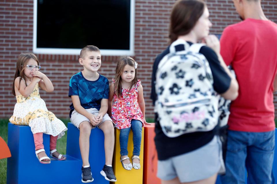 Aria, Brantly, and Aubrey Spielman seen here at the Open House evening at the new Early Childhood center in Republic on August 15, 2023.