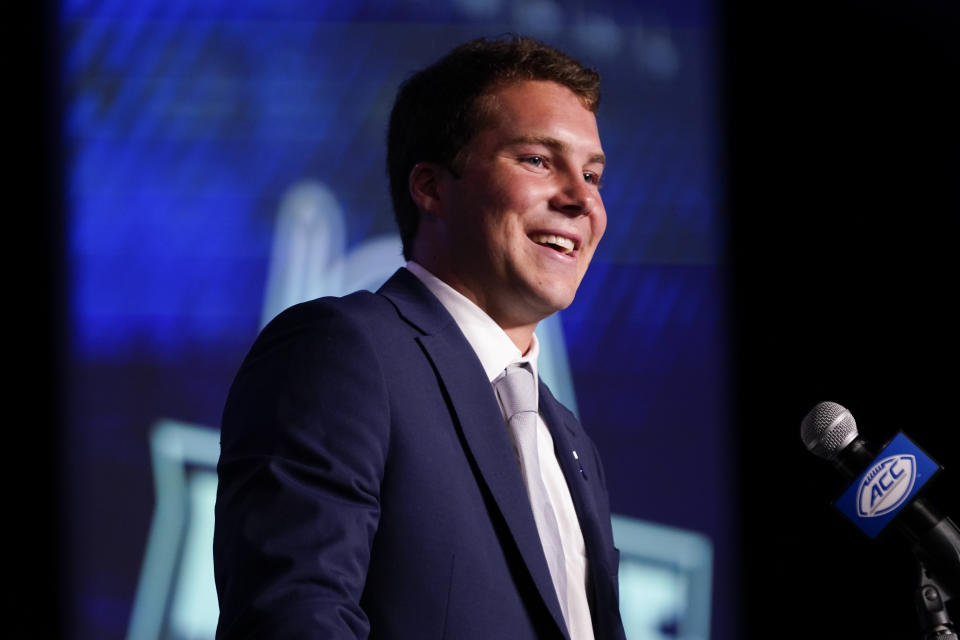 Duke quarterback Riley Leonard speaks during the Atlantic Coast Conference NCAA college football media days Wednesday, July 26, 2023, in Charlotte, N.C. (AP Photo/Erik Verduzco)