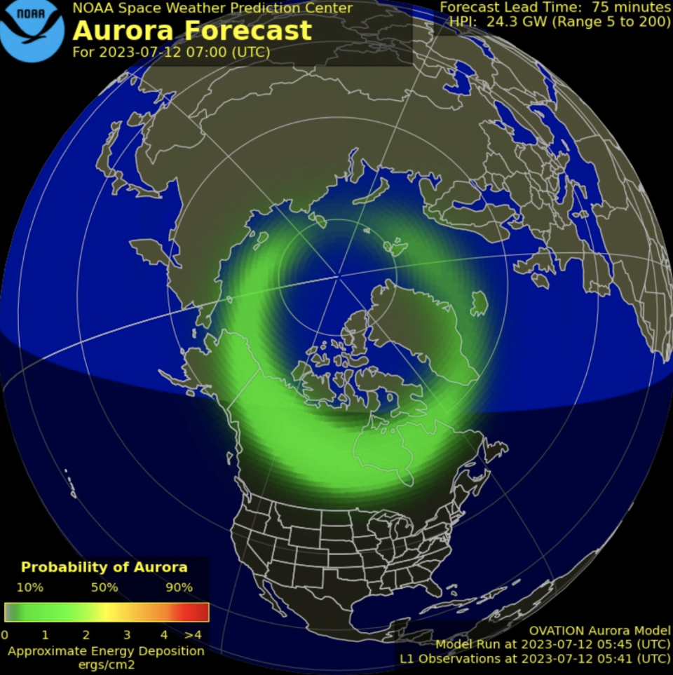 NOAA has an interactive map that shows where above Earth the northern lights are positioned. This shows July 12 at around 1:45 a.m. EST.  / Credit: NOAA