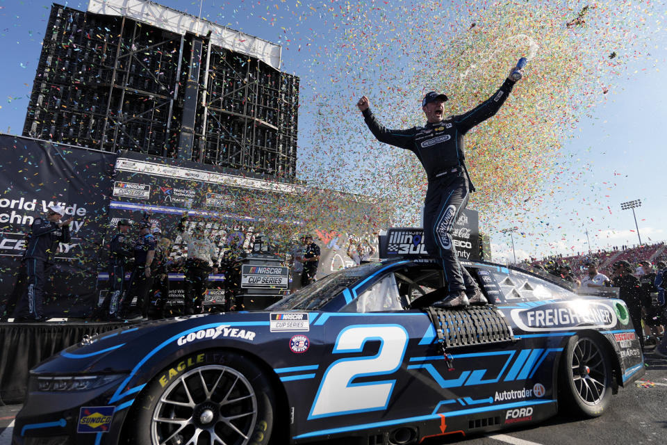 Austin Cindric celebrates after winning a NASCAR Cup Series auto race at World Wide Technology Raceway Sunday, June 2, 2024, in Madison, Ill. (AP Photo/Jeff Roberson)