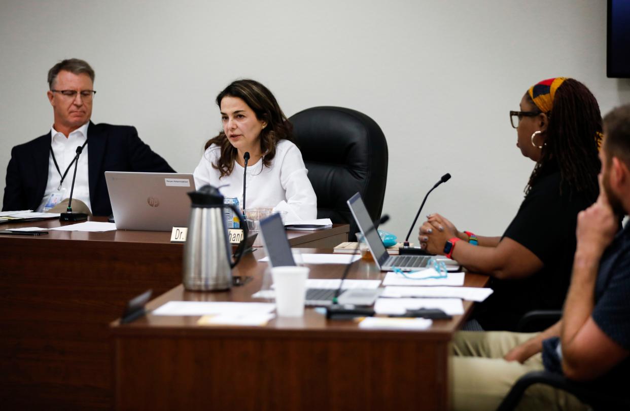 Springfield school board member Maryam Mohammadkhani, pictured here in an October 2023 meeting, asked the other members to join her in supporting a lawmaker's proposal.