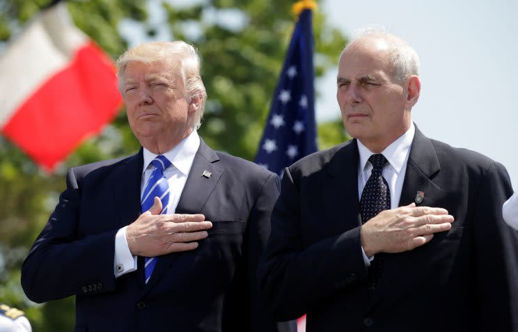 President Trump with then-Department of Homeland Security Secretary John Kelly at the Coast Guard Academy commencement in New London, Conn., May 17, 2017. (Photo: Kevin Lamarque/Reuters)