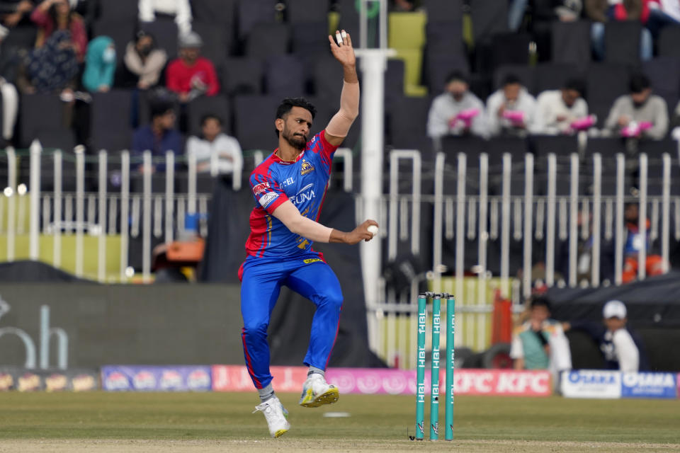 Karachi Kings' Hasan Ali bowls during the Pakistan Super League T20 cricket match between Karachi Kings and Quetta Gladiators, in Rawalpindi, Pakistan, Wednesday, March 6, 2024. (AP Photo/Anjum Naveed)