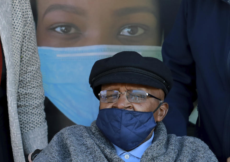 Anglican Archbishop Emeritus, Desmond Tutu is photographed after receiving a shot of the COVID-19 vaccine, at the Brooklyn Chest Hospital in Cape Town, South Africa, Monday, May 17, 2021. South Africa has started its mass vaccination drive with the goal of inoculating nearly 5 million citizens aged 60 and above by the end of June. (AP Photo/Nardus Engelbrecht)