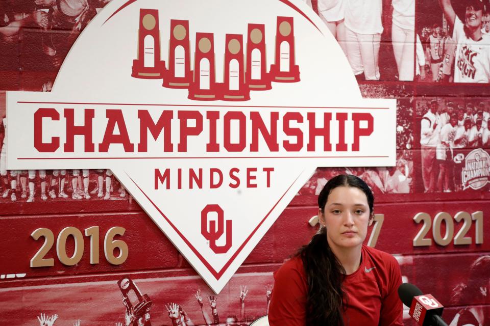 Oklahoma softball Nicole May speaks during an OU press conference at the University of Oklahoma, Monday, Feb. 6, 2023.