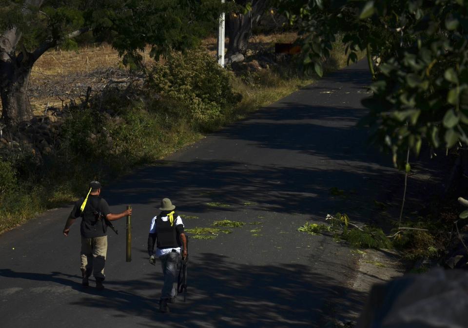 Members of the community police, acting in this case as vigilantes, guard a highway near the village of Paracuaro in Michoacan state