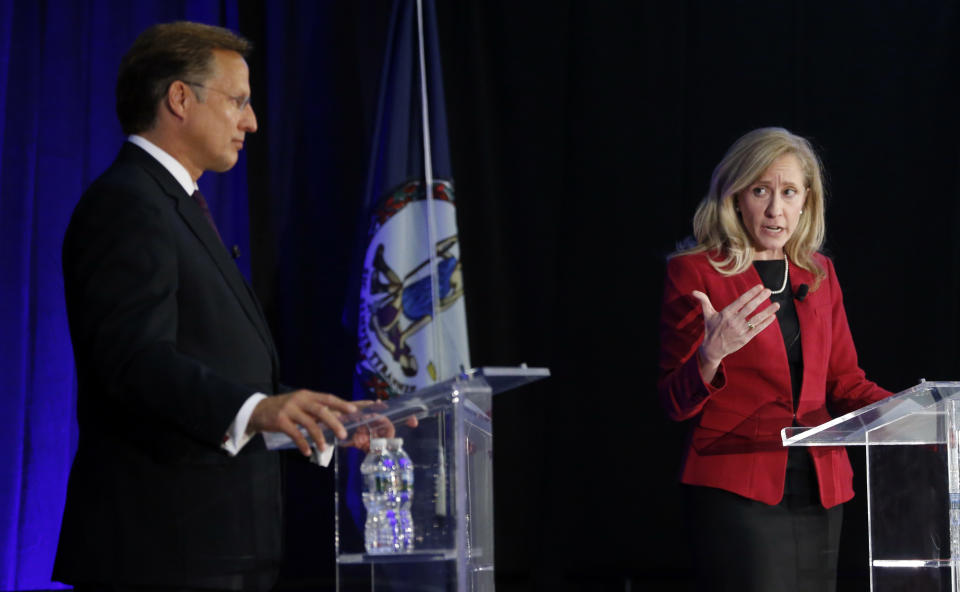 Democratic challenger Abigail Spanberger gestures during a debate with Virginia Rep. Dave Brat, a Republican at Germanna Community College in Culpeper, Va., on Oct. 15, 2018. (Photo: Steve Helber/AP)