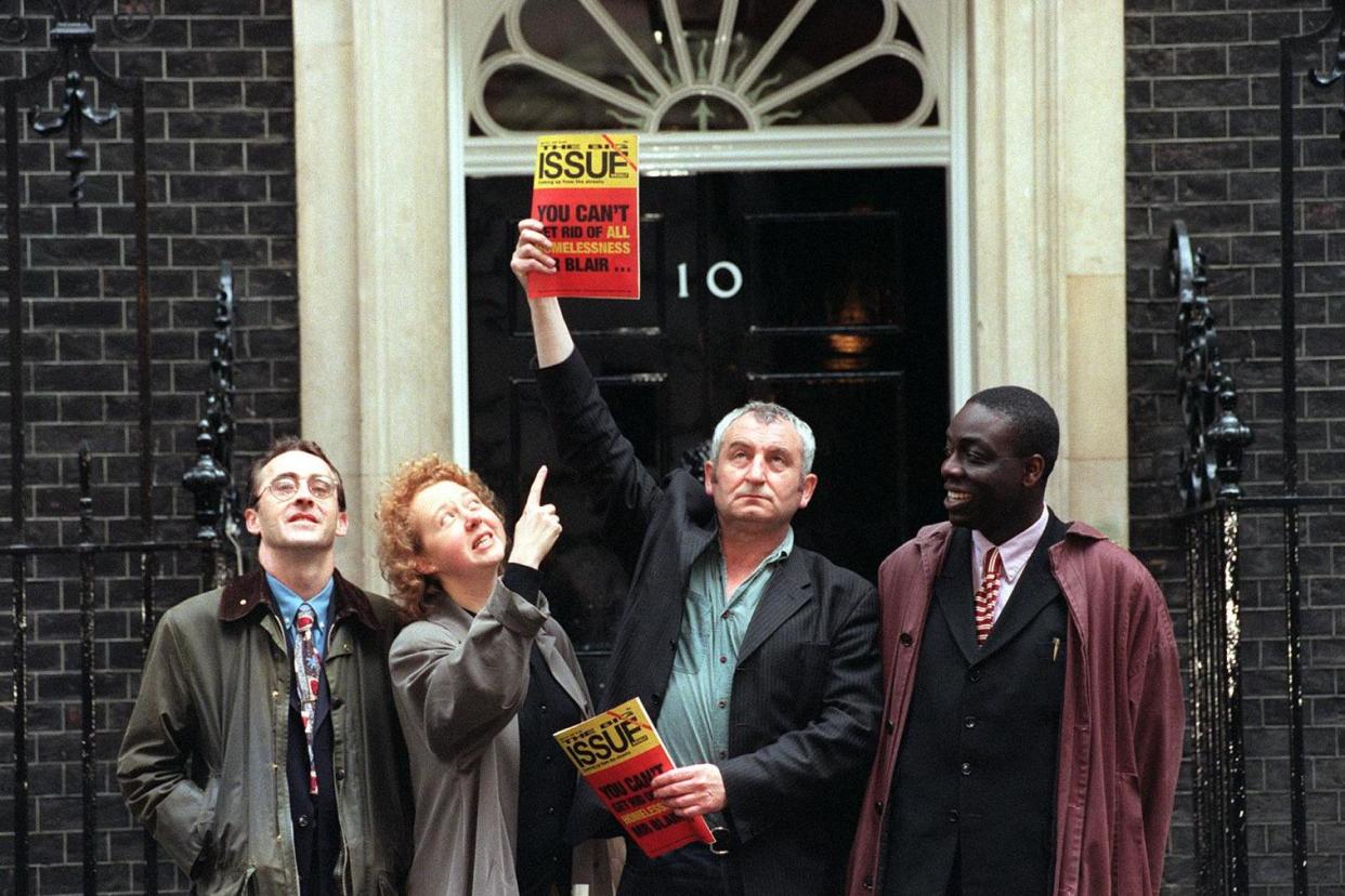 <p>L-R David Warner, Director of the Homeless Network, Lady Olly Grender, Director of Communications for Shelter, John Bird, founding editor of The Big Issue and Victor Adebowale, Chief Executive of Centrepoint, outside 10 Downing Street</p> (PA)