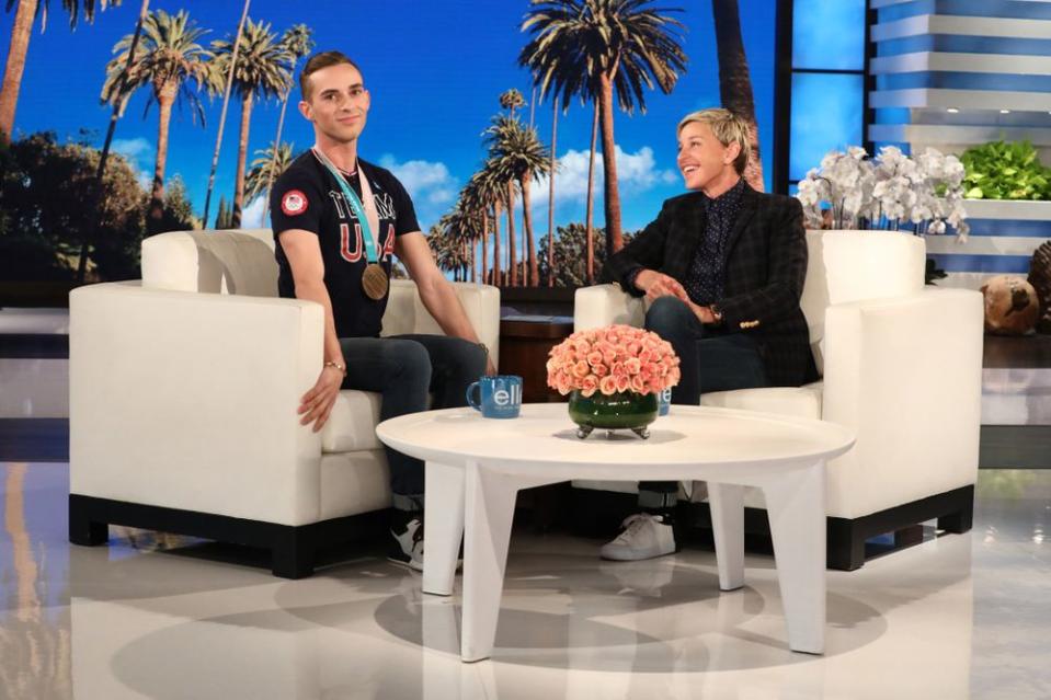 Olympic figure skater Adam Rippon (left) appearing on Ellen DeGeneres' talk show earlier this month