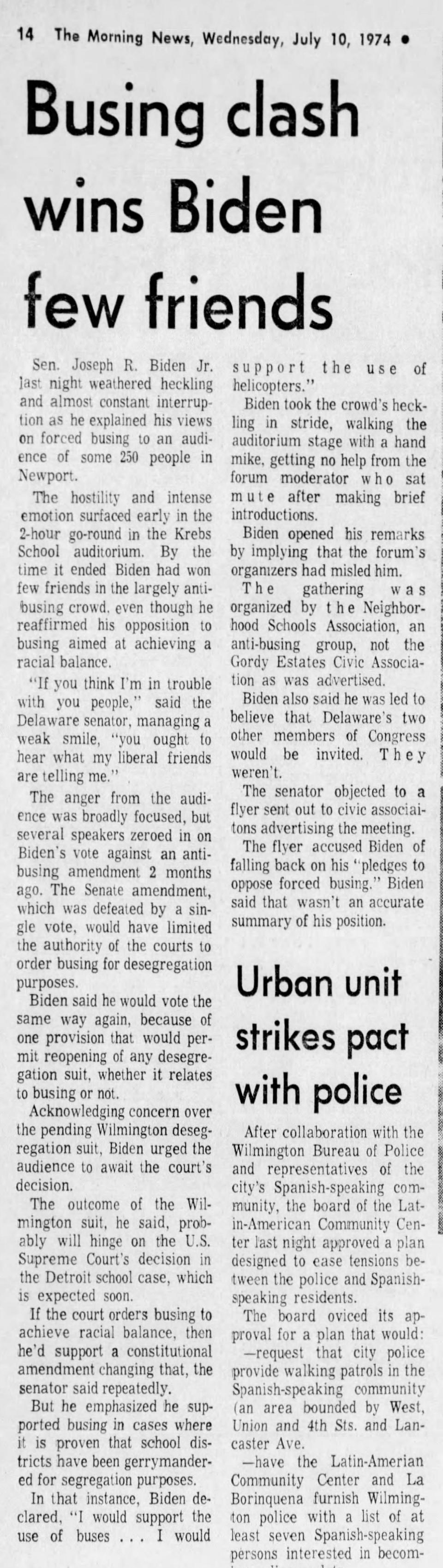 News Journal archival story on July 10, 1974 of Biden being heckled by suburban busing opponents in 1974