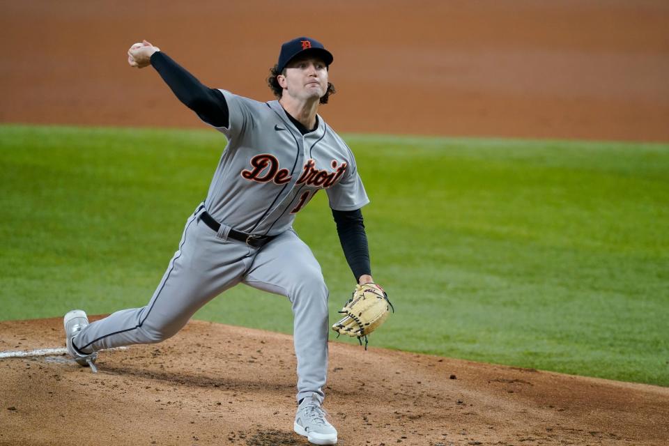 Detroit Tigers starting pitcher Casey Mize throws to the Texas Rangers in the first inning of a baseball game in Arlington, Texas, Wednesday, July 7, 2021.