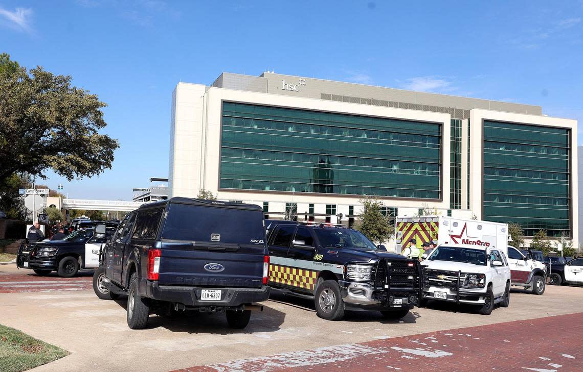 Members of the Fort Worth Police Department and other emergency personnel respond to a report of a potential threat at the University of North Texas Health Science Center in Fort Worth on Wednesday, November 16, 2022. University officials encouraged everyone in the area to seek shelter immediately in a secure location.