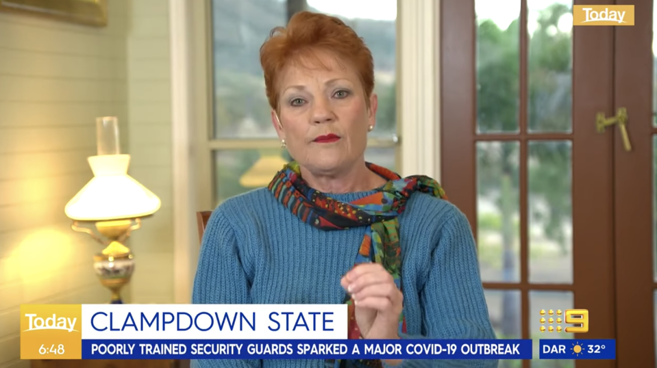Pauline Hanson insinuated people not being able to speak English was the reason for the lockdown.  Source: Nine News
