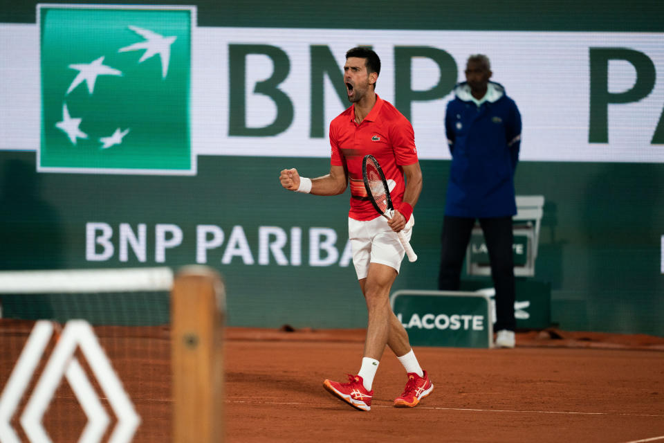 PARIS, FRANCE - MAY 23: Novak Djokovic of Serbia plays against Yoshihito Nishioka (not seen) of Japan in the menâs first round match during the French Open tennis tournament at Roland âGarros in Paris, France on May 23, 2022. (Photo by Mine Kasapoglu/Anadolu Agency via Getty Images)