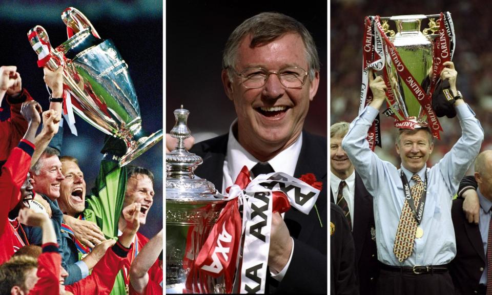 <span>Alex Ferguson lifting all three trophies won by <a class="link " href="https://sports.yahoo.com/soccer/teams/man-utd/" data-i13n="sec:content-canvas;subsec:anchor_text;elm:context_link" data-ylk="slk:Manchester United;sec:content-canvas;subsec:anchor_text;elm:context_link;itc:0">Manchester United</a> in 1999 to compete an extraordinary treble.</span><span>Composite: Guardian Picture Desk</span>