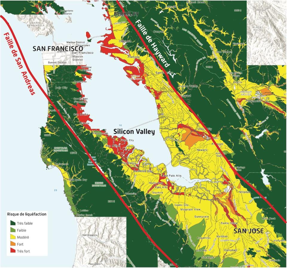 Risque de liquéfaction en cas de séisme dans la région de San Francisco. <a href="https://usgs.maps.arcgis.com/apps/webappviewer/index.html" rel="nofollow noopener" target="_blank" data-ylk="slk:USGS-California Geological Survey;elm:context_link;itc:0;sec:content-canvas" class="link ">USGS-California Geological Survey</a>, Fourni par l'auteur