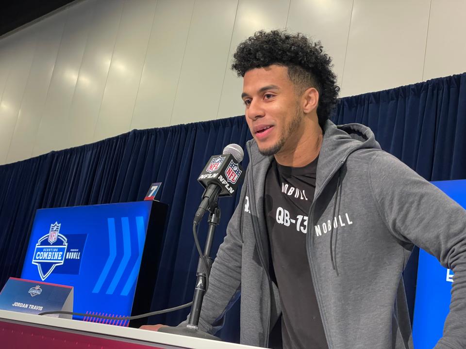 Former Florida State quarterback Jordan Travis addresses reporters at the NFL Combine in Indianapolis on March 1, 2024.