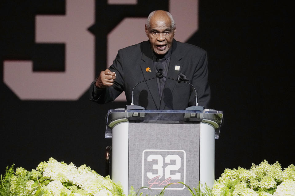 Former NFL football player John Wooten speaks at a tribute for the late NFL player Jim Brown Thursday, Aug. 3, 2023, in Canton, Ohio. (AP Photo/Sue Ogrocki)