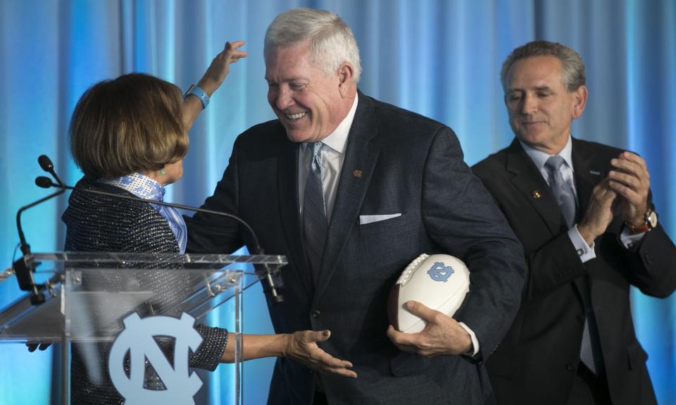 North Carolina coach Mack Brown scored a major win when four-star quarterback Sam Howell flipped to UNC from Florida State. (Robert Willett/The News & Observer via AP)