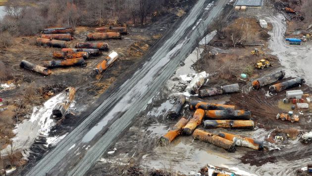 A drone image from Feb. 9 shows portions of a Norfolk Southern freight train that derailed Feb. 3 in East Palestine, Ohio, near the Pennsylvania state line.