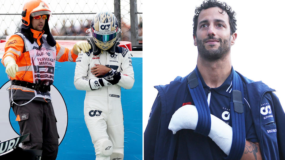 Daniel Ricciardo, pictured here after fracturing his wrist in a practice crash at the Dutch Grand Prix.