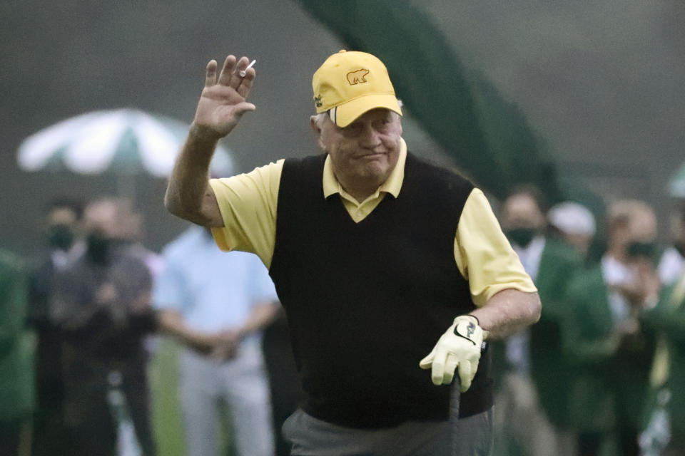 Honorary starter Jack Nicklaus reacts after hitting on the first tee to start the first round of the Masters golf tournament Thursday, Nov. 12, 2020, in Augusta, Ga. (Curtis Compton/Atlanta Journal-Constitution via AP)