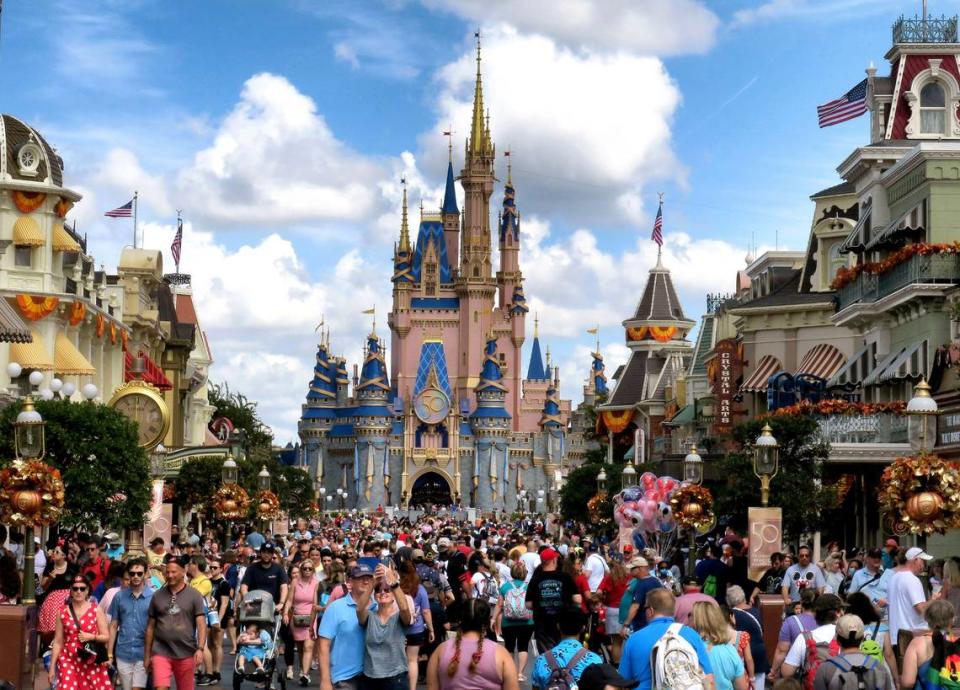 Crowds fill Main Street USA in front of Cinderella Castle at the Magic Kingdom on the 50th anniversary of Walt Disney World, in Lake Buena Vista, Fla., on Friday, Oct. 1, 2021. (Photo by Joe Burbank/Orlando Sentinel/TNS/Sipa USA)