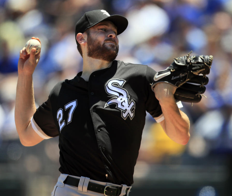 Chicago White Sox starting pitcher Lucas Giolito delivers to a Kansas City Royals batter during the first inning of a baseball game at Kauffman Stadium in Kansas City, Mo., Saturday, June 8, 2019. (AP Photo/Orlin Wagner)