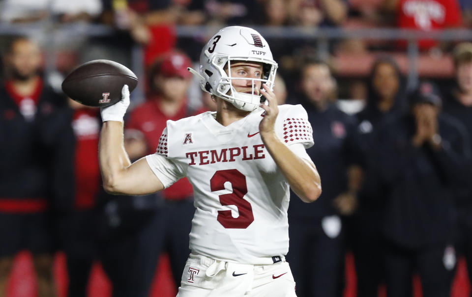 Temple quarterback E.J. Warner throws a pass against Rutgers during the first half of an NCAA college football game, Saturday, Sept. 9, 2023, in Piscataway, N.J. (AP Photo/Noah K. Murray)