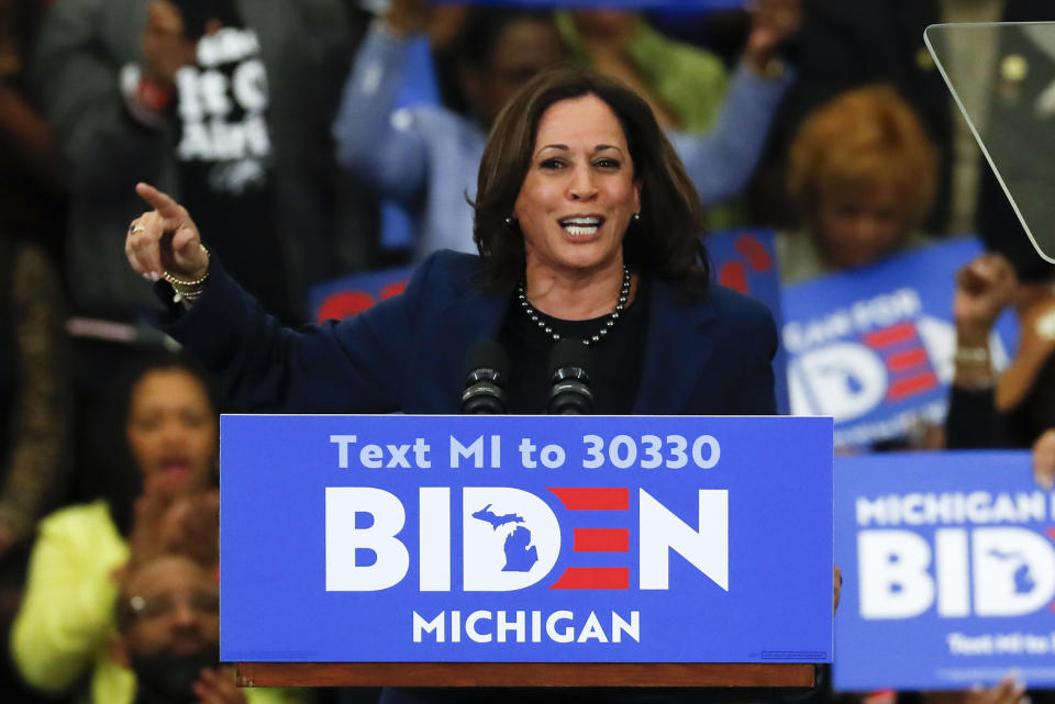 Sen. Kamala Harris, D-Calif., speaks at a campaign rally for Democratic presidential candidate former Vice President Joe Biden at Renaissance High School in Detroit, Monday, March 9, 2020. (AP Photo/Paul Sancya)