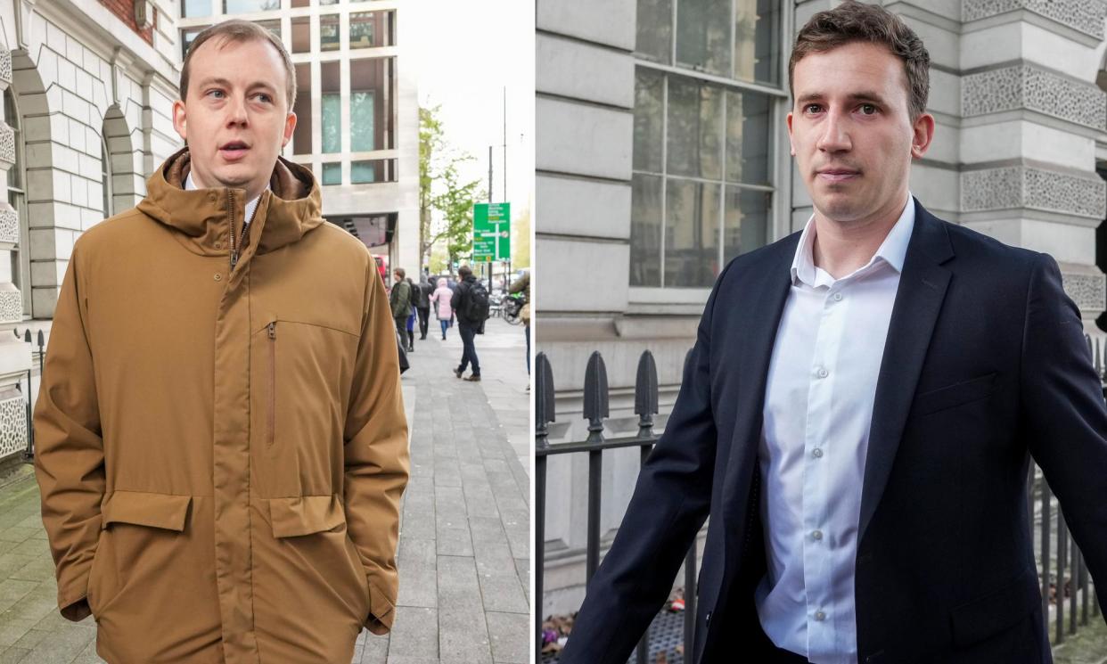 <span>Christopher Berry (left) and Christopher Cash leaving Westminster magistrates court on Friday. They will next appear at the Old Bailey on 10 May.</span><span>Composite: Jeff Moore/PA</span>