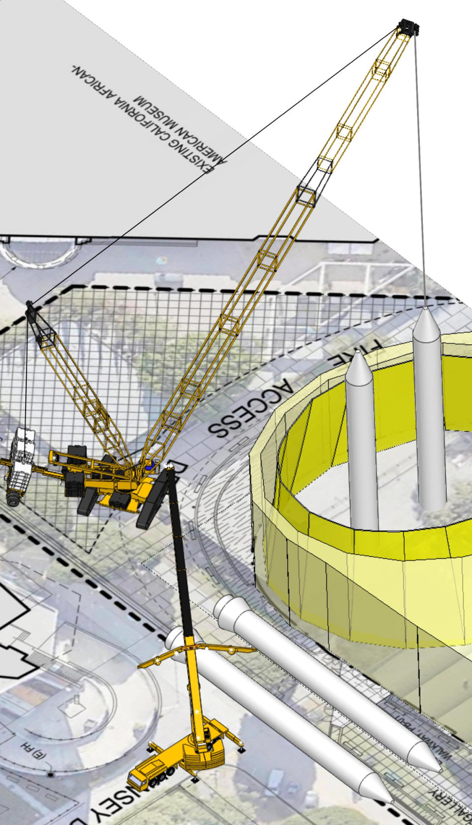 Graphic showing the use the cranes to lift and stack the two solid rocket motors with their aft skirts at the construction site of the Samuel Oschin Air and Space Center.