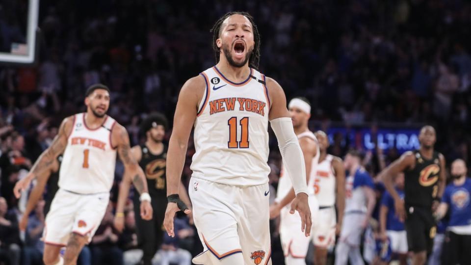 Apr 23, 2023; New York, New York, USA; New York Knicks guard Jalen Brunson (11) celebrates after making a three point basket during game four of the 2023 NBA playoffs against the Cleveland Cavaliers at Madison Square Garden.